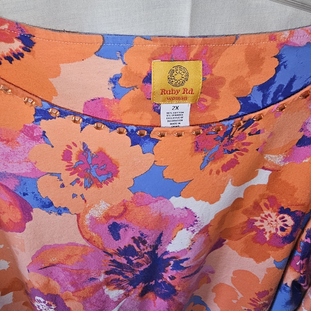 Ruby Rd. Floral Top with Beaded Neckline - Picture 3 of 6